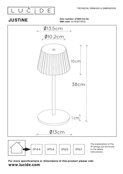 Lucide JUSTINE - wiederaufladbare Tischlampe Innen/Außen - Akku/Batterie - LED Dim. - 1x2W 2700K - IP54 - Mit kabelloser Ladestation - Beige - technisch